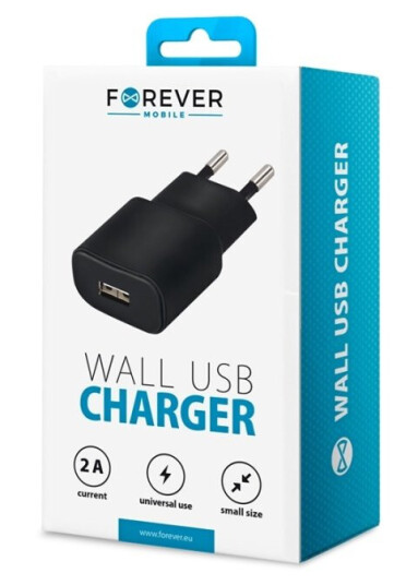 Forever vegglader med USB-port 2A svart