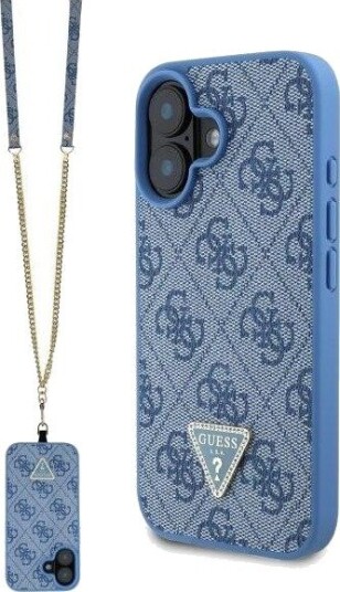 GUESS Leather Metal Logo Strass Crossbody Case for iPhone 16 - Blue