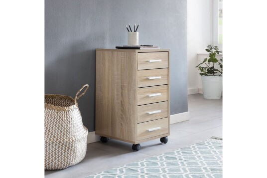 Rullecontainer Wohnling 5 skuffer med hjul foliert sponplate moderne stil Sonoma   Sonoma