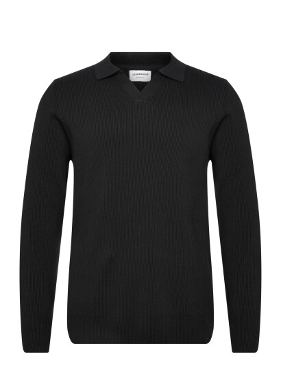 Lindbergh Rib Knitted L/S V Neck Polo   Black   XL