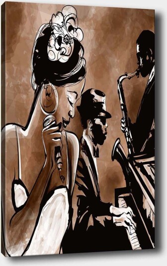 Lerretsbilde 70x100 cm Jazzsanger fremfører en sang med musikere i bakgrunnen Brun / Svart / Hvit