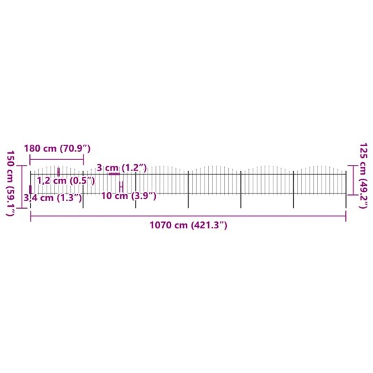 vidaXL Hagegjerde med spydtopp stål 1,25 1,5x10,2 m svart
