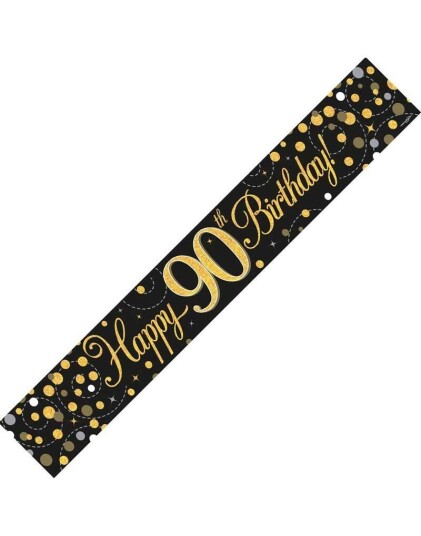 Happy 90th Birthday 2,7 Meter Svart og Gullfarget Holografisk Banner