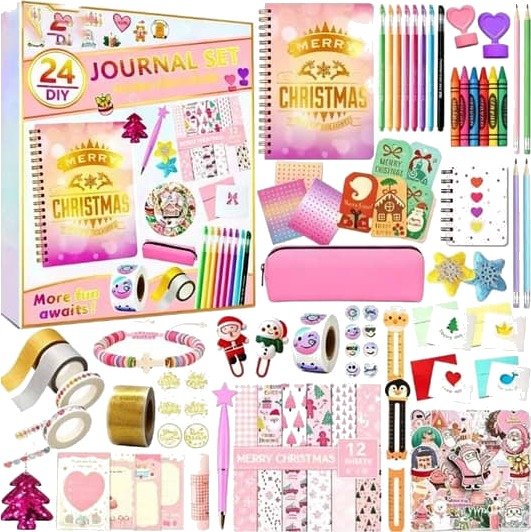 Journalføringssett: 24 rutenett Julekalender Blindboks – DIY klistremerker Washi tape Notatbok og Skrivesaker Julegaveeske for barn