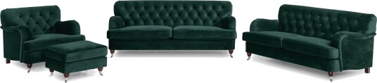 Howard Riviera Sofagruppe 3 seters + 2 seters Sofa + Lenestol + Fotskammel i Fløyel Grønn