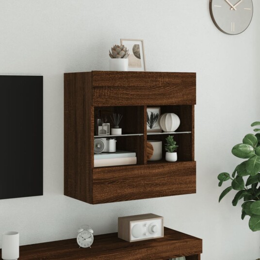 vidaXL Vegghengt TV-benk med LED-lys brun eik 58,5x30x60,5 cm 8721012256828