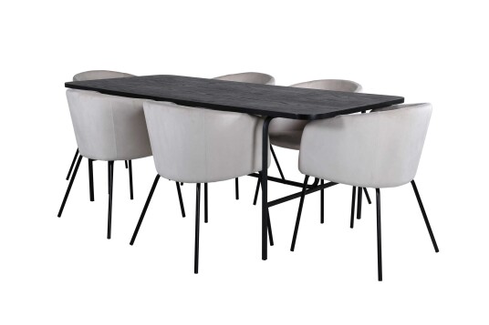 Venture Design Uno & Berit spisegruppe Beige/svart 6 stoler & bord 200 x 90 cm