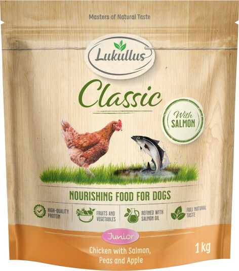 Lukullus Tørrfôr Classic Junior & Laks Ny Oppskrift Kylling 1 kg