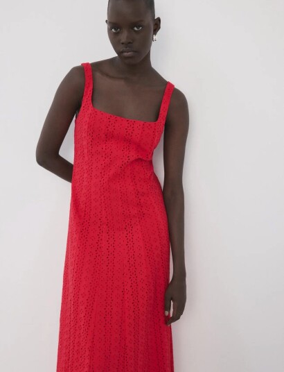 Mango A Line Dress With Broderie Anglaise Embroidery   Red   XS