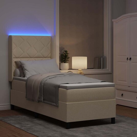 Box Fjær Seng med Madrass & LED Krem 80x200 cm Stoff