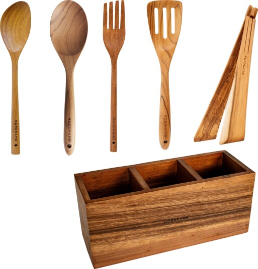 Nordhamn Kjøkkenredskaper med holder, 5 deler, teak