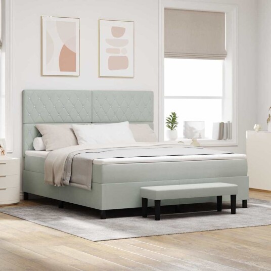 Box Spring Seng med Madrass & Benk Lysegrå 180x200 cm Velur