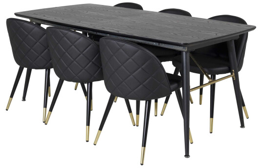 Venture Design Black Veneer & Velvet spisegruppe Svart/svart 6 st stoler & bord 180 x 85 cm