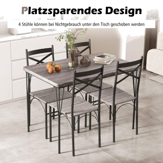 5 delt spisestuesett for 4 personer moderne rektangulært spisebord og 4 spisestuestoler grå og svart