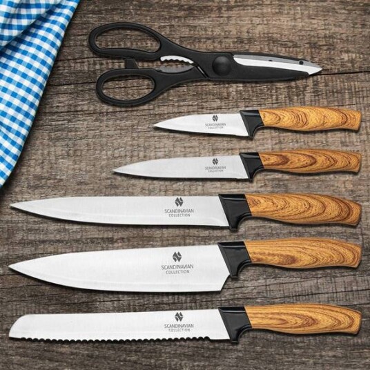 Knivsett med 5 Kniver og Saks, og knivblokk
