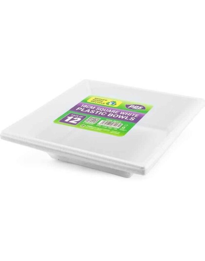 12 stk Hvite Dype Firkantede Gjenbrukbare Plastikkskåler 18x4,5 cm