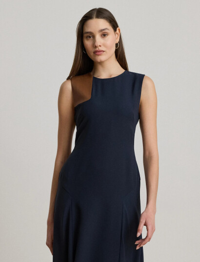 Lauren Ralph Lauren Faux-Leather-Trim Georgette Dress - Navy - 38 Lauren Ralph Lauren Faux-Leather-Trim Georgette Dress - Navy - 38