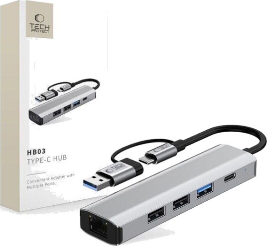 Tech Protect HB03 HUB Adapter 5in1 USB C + USB2.0 + USB3.0 + RJ45 Grey USB hub USB 3.0 5 porter Gr