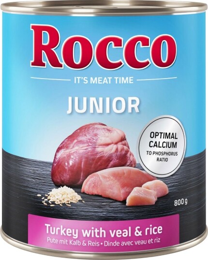 Rocco Våtfôr Junior Blandet Pakke Kyllinghjerter & Ris + & Kalvehjerter Kalkun 12 X 800 G