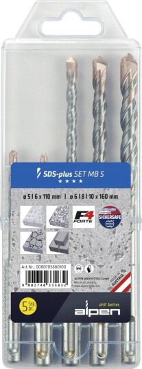 Alpen 0080705680100 Stål Betongspiralbor Sett 5 Mm 6 8 10 0080705680100 Stål Betongspiralbor Sett 5 Mm 6 Mm 8 Mm 10 Mm Sds-Plus 1 Sett