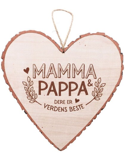 "Mamma & Pappa Dere Er Verdens Beste" Hjerteformet Skilt i Tre 15x15 cm
