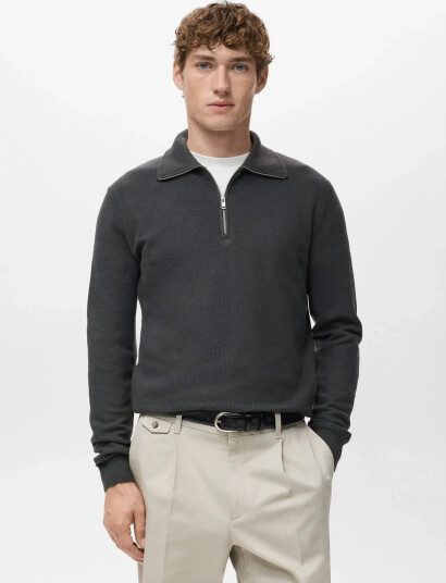 Mango Microstructure Sweater With Zipper Collar Grey M