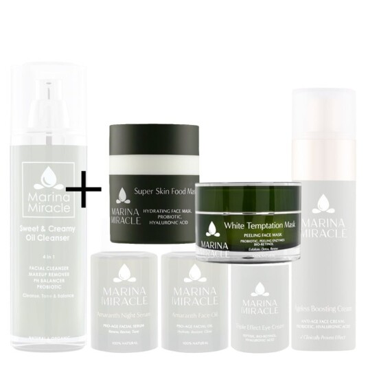Marina Miracle Stor Hudpleiepakke Anti age for voksen hud Sweet & Creamy Oil Cleanser 110ml / Super Skin Food Mask 30ml + White Temptation Mask 30ml Marina Miracle Stor Hudpleiepakke Anti age for voksen hud Sweet & Creamy Oil Cleanser 110ml / Super Skin Food Mask 30ml + White Temptation Mask 30ml