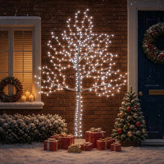 vidaXL Vegghengt LED-juletre 210 cm 312 LED-lys Kaldhvit Stål Svart