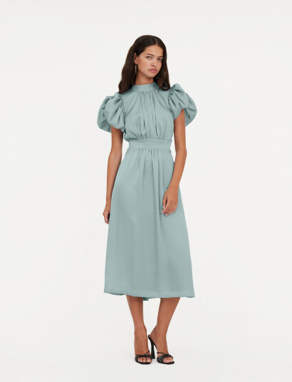 ROTATE Birger Christensen Satin Puff Midi Dress - Blue - 34