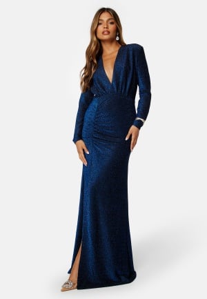 Bubbleroom Occasion Sparkling Ruched Slit Gown Dark blue 2XL