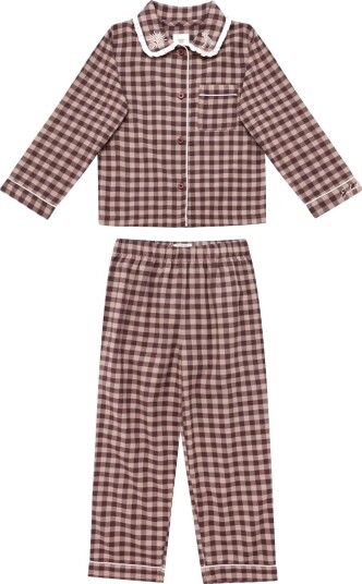 Chelsea Peers Kids Organic Cotton Embroidered Gingham Enchanted Dreams Long Pyjama Set   BURGUNDY   3 4