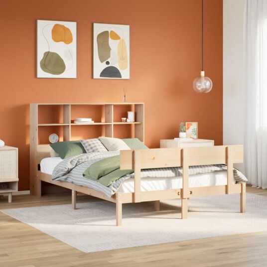 Seng med bokhylle uten madrass 150x200 cm heltre furu 8721158605979