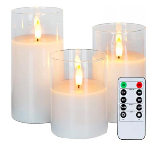Ledlife LED Blokklys sett i glass Ø7,5cm 3 stk flammeeffekt Inkl. fjernkontroll og timer 10/12,5/15cm høy ekte stearin Ledlife LED Blokklys sett i glass Ø7,5cm 3 stk flammeeffekt Inkl. fjernkontroll og timer 10/12,5/15cm høy ekte stearin
