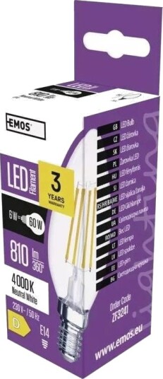 Emos Led Pære 6W 60W E14 Stearinlys Filament 810 Lm 4000K Nøytral Hvit Zf3241