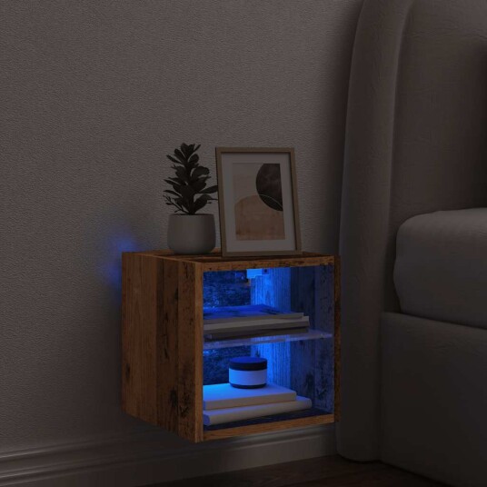 Vegghengt TV-benk med LED gammelt tre 30x28,5x30 cm 8721158446596