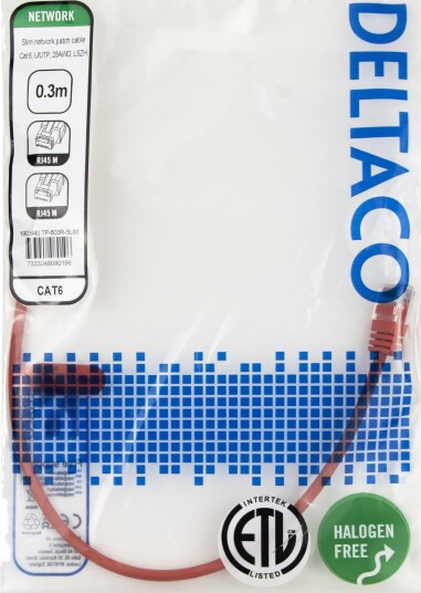 DELTACO Nettverkskabel Cat6 U/UTP AWG28 LSZH 0,3 m Rød