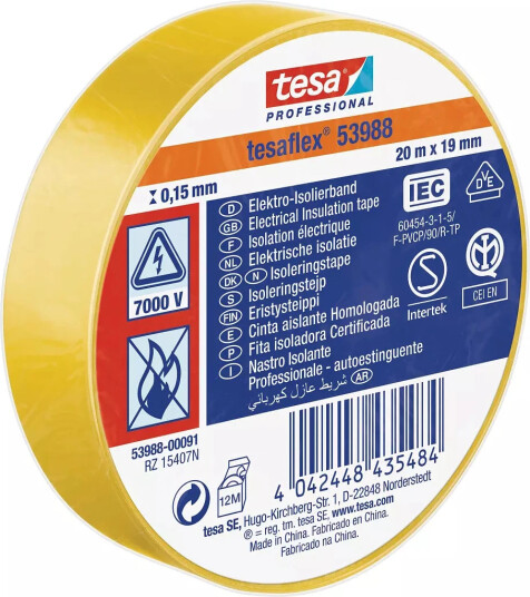 TESA 53988 Isolasjonstape PVC Gul 19mm x 20m