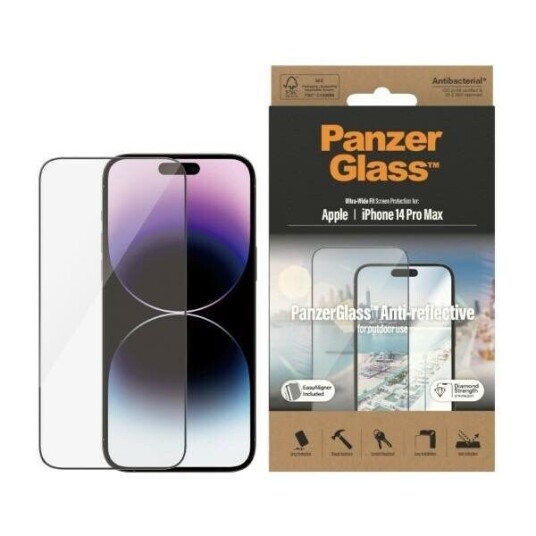 PanzerGlass iPhone 14 Pro Max PanzerGlass AntiBacterial Ultra Wide Fit Skjermbeskyttelsesglass - AntiReflective m. Monteringsram - Diamond Strength - Svart Kant