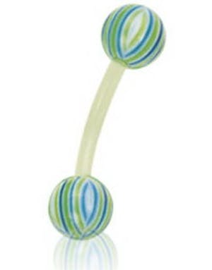 Utgått Banan Øyenbrynspiercing i Grønn med Stripete Hvite Grønne og Blå Kuler 1.2 x 8 mm