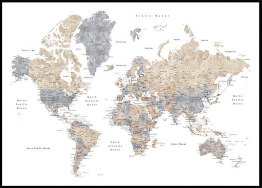Watercolor world map with cities Gouri Plakat Plakat / 70x100cm Watercolor world map with cities Gouri Plakat Plakat / 70x100cm