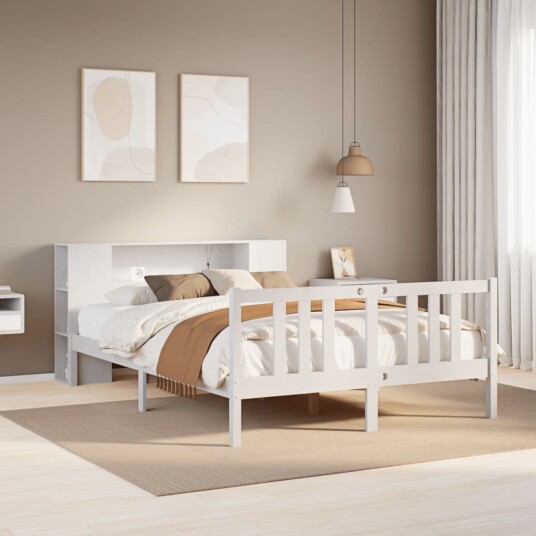 Seng med bokhylle uten madrass hvit 140x200 cm heltre furu 3322282