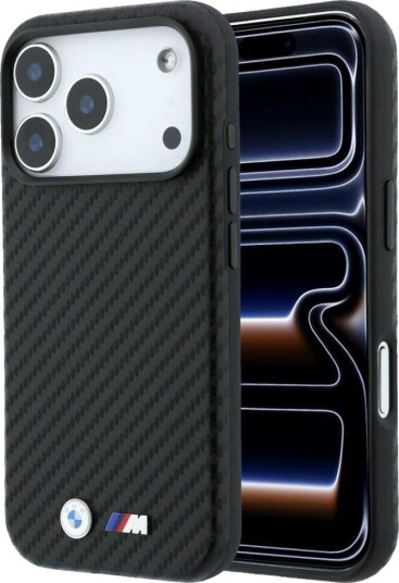 BMW M MagSafe Mobildeksel i Carbon med Metall Logo for iPhone 17 Pro Max / 18 Pro Max - Svart