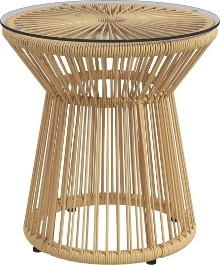 Rundt sidebord salongbord med glassbordplate hultrommel design hagebord for terrasse metall beige Rundt sidebord salongbord med glassbordplate hultrommel design hagebord for terrasse metall beige
