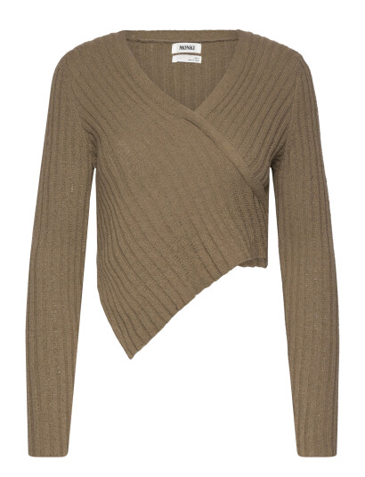 Monki Knitted Wrap-Shaped Asymmetric V-Neck Sweater - Khaki green - XS
