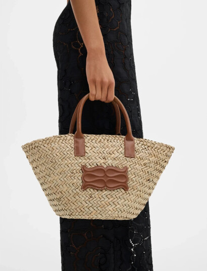Malina Small Leather Trimmed Monogram Straw Tote Brown 