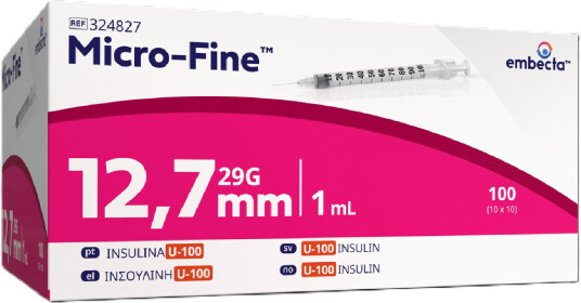 Micro-Fine insulinsprøyte U-100 1 ml 29G/12,7 mm 100 stk Micro-Fine insulinsprøyte U-100 1 ml 29G/12,7 mm 100 stk