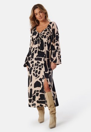 BUBBLEROOM Puff Sleeve Midi Dress Black/Patterned XL BUBBLEROOM Puff Sleeve Midi Dress Black/Patterned XL