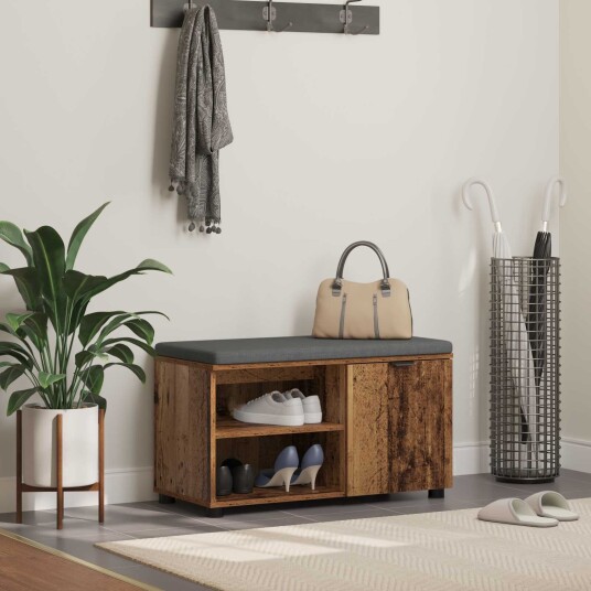 vidaXL Gangbenk med pute med hylle med dør Gammelt tre 80 x 38 x 46 cm vidaXL Gangbenk med pute med hylle med dør Gammelt tre 80 x 38 x 46 cm