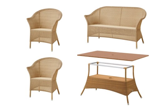 Cane-line Lansing spisegruppe Teak/Natur 2-seter sofa, 2 fåtöljer & bord 180 x 100 cm
