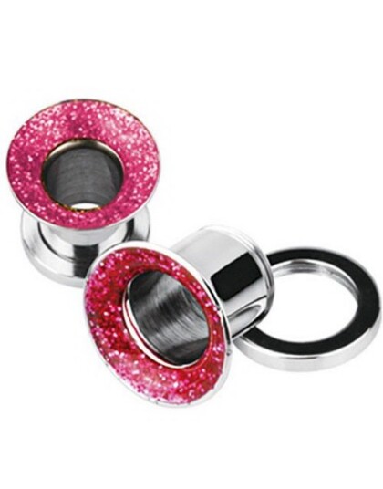 Sølvfarget Piercing Tunnel med Rosa Glitrende Sirkel Strl 3 mm